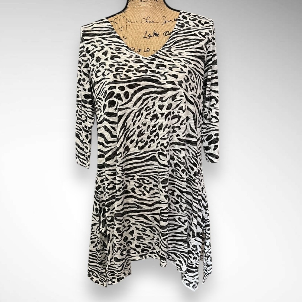 PORTO CRUZ Black and White Animal Print Tunic V-Neck Coverup Medium | EUC